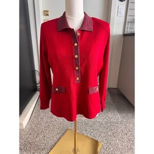 Bon Juor Tokyo Fashion Red Houndstooth Knit Sweater Top Gold Ornate Buttons